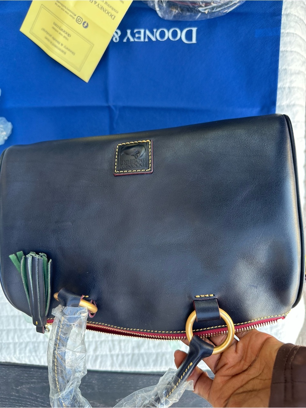 Dooney & Bourke Navy Florentine Satchel with Gold Hardware and Navy Tassel - Picture 9 of 13